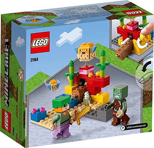 LEGO Minecraft The Coral Reef Toy Building Set 21164 Pretend Play Minecraft Toy with Alex, Puffer Fish and Zombie Figures, Ideal Gift for Kids Who Love Minecraft, Boys & Girls Age 7+ Years Old