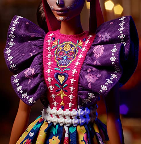Barbie 2022 Día De Muertos Doll Wearing Traditional Ruffled Dress, Flower Crown & Calavera Face Paint - sctoyswholesale