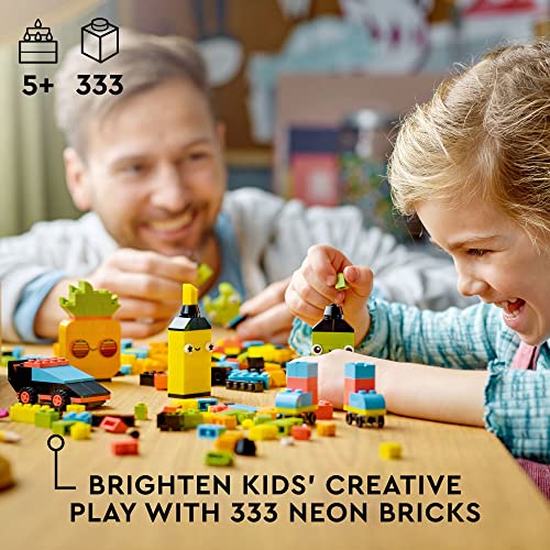 LEGO Classic Creative Neon Fun Brick Box Set 11027, Building Toy with Models; Car, Pineapple, Alien, Roller Skates, Characters and More, for Kids, Boys, Girls 5 Plus Years Old