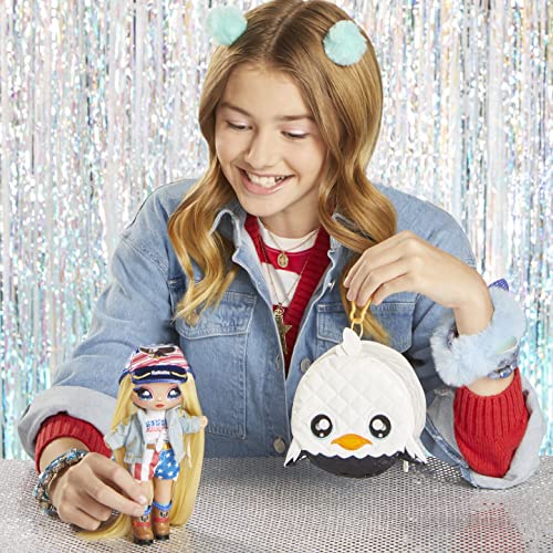 Na! Na! Na! Surprise Glam Series 2 Erika Featherton - Patriotic Eagle-Inspired 7.5" Fashion Doll with Blonde Hair and Metallic Clip-on Eagle Purse, 2-in-1 Gift, Toy for Kids Ages 5 6 7 8+ Years