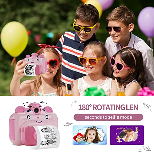 Instant Print Digital Kids Camera,Selfie 1080P Video Camera for Kid with 180° Rotating Len,32GB TF Card,Print Paper,Color Pens Set,Rechargeable Toy Camera for 3-12 Years Old Girls Boys Birthday (Pink)