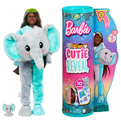 Barbie Cutie Reveal Fashion Doll, Jungle Series Elephant Plush Costume, 10 Surprises