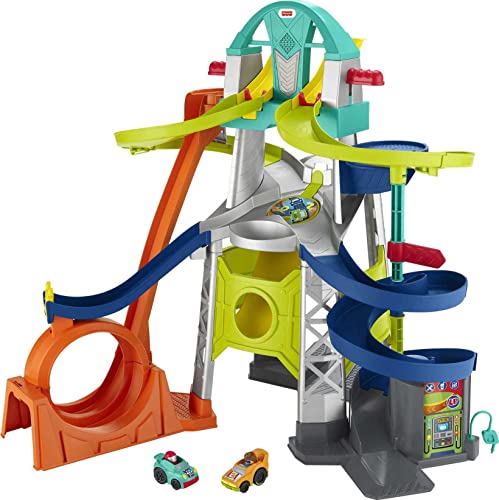 Fisher-Price Little People Toddler Race Track Playset with Lights Sounds and Hot Wheels Racing Loop, 2 Wheelies Cars, Launch & Loop Raceway - sctoyswholesale