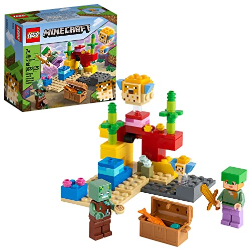 LEGO Minecraft The Coral Reef Toy Building Set 21164 Pretend Play Minecraft Toy with Alex, Puffer Fish and Zombie Figures, Ideal Gift for Kids Who Love Minecraft, Boys & Girls Age 7+ Years Old