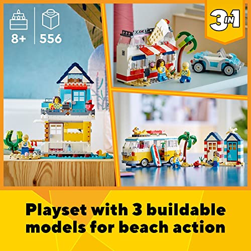 LEGO Creator 3 in 1 Beach Camper Van to Summerhouse to Ice-Cream Shop 31138 Model Building Set, Summer Holiday Surfer Toys, Gift for Kids