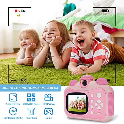 Instant Print Digital Kids Camera,Selfie 1080P Video Camera for Kid with 180° Rotating Len,32GB TF Card,Print Paper,Color Pens Set,Rechargeable Toy Camera for 3-12 Years Old Girls Boys Birthday (Pink)