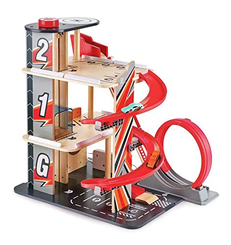 Garage Kids Wooden Toy, Hape Gearhead Stunt  Car Parking Garage Playset w/ Elevator and 2 Exit Tracks, Detachable Loop