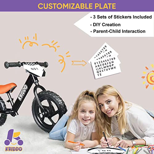 KRIDDO Toddler Balance Bike 2 Year Old,12 Inch Push Bicycle with Customize Plate (3 Sets of Stickers Included), Steady Balancing, Gift Bike for 2-5 Boys Girls, Black