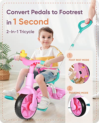 KRIDDO 2 in 1 Kids Tricycles Age 18 Month to 3 Years, EVA Wheels Upgraded, Gift, Trikes for Toddlers 2 to 3 Year Old with Push Handle and Duck Bell, Pink