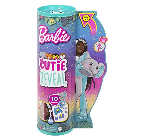 Barbie Cutie Reveal Fashion Doll, Jungle Series Elephant Plush Costume, 10 Surprises