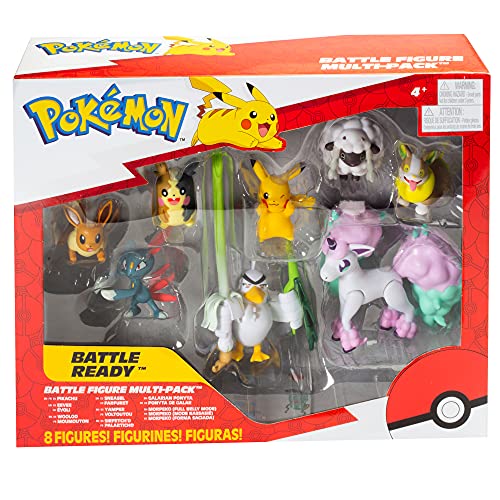 Pokémon Battle Ready! Figure Set Toy, 8 Pieces - Includes 4.5" Ponyta & 2" Pikachu, Eevee, Wooloo, Sneasel, Yamper, Sirfetch'd & Morpeko - Gift for Kids, Boys & Girls - Ages 4+