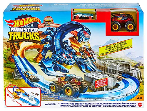 Hot Wheels Monster Trucks Scorpion Raceway Boosted Set with Monster Truck and Hot Wheels car and Giant Scorpion Nemesis