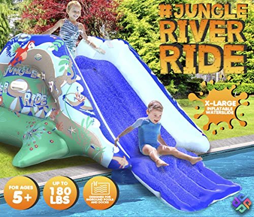 JungleRiverRide Multi-Sprinkler Inflatable Pool Slides for Inground Pools - 9 FT Long Inflatable Slide for Pool - Sturdy Blow Up Water Slide for Pool - Inflatable Pool Slide for Kids of All Ages