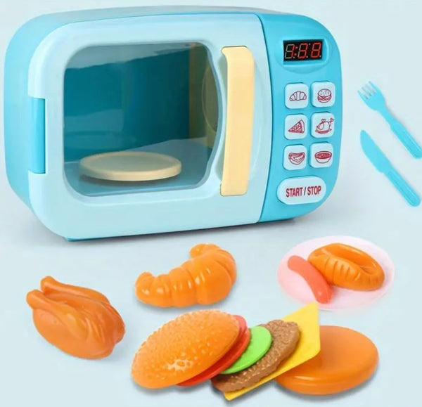 Christoy Microwave Kitchen Play Set with Light Sound for Kids with Pretend Fake Food and 6 Color DIY Play-Dough Clay Great for Toddlers 3 and Older Grils and Boys (Blue)