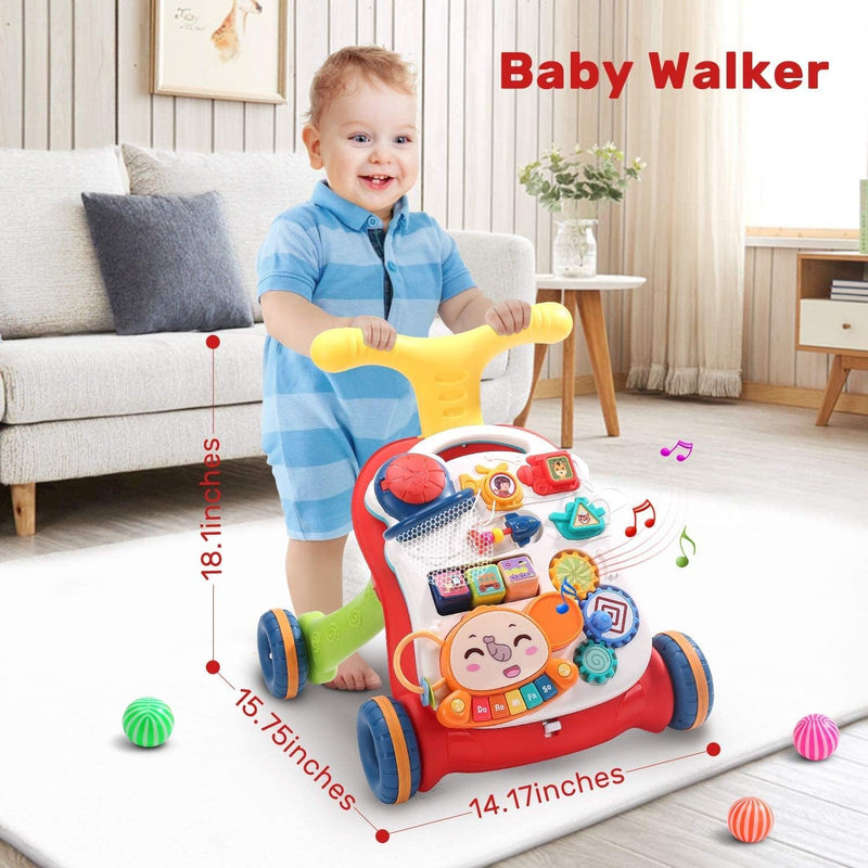 CUTE STONE Sit-to-Stand Learning Walker, 2 in 1 Baby Walker, Early Educational Child Activity Center, Multifunctional Removable Play Panel, Baby Music Learning Toy Gift for Infant Boys Girls