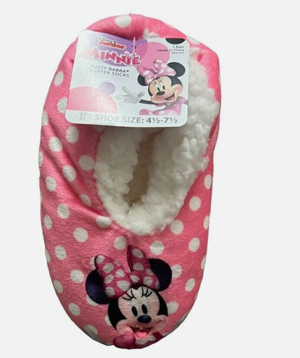 Minnie Mouse Girls Slippers Socks Babba Fuzzy Soft Faux Fur Toddler (3T-4T Fits Shoe Size 8-10)