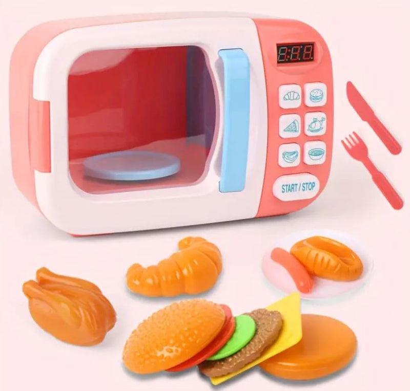 Boley Pink Microwave Playset - 11 Pc Light & Sound Pretend Play Kitchen Toys Set with Play Food for Kids Ages 3+