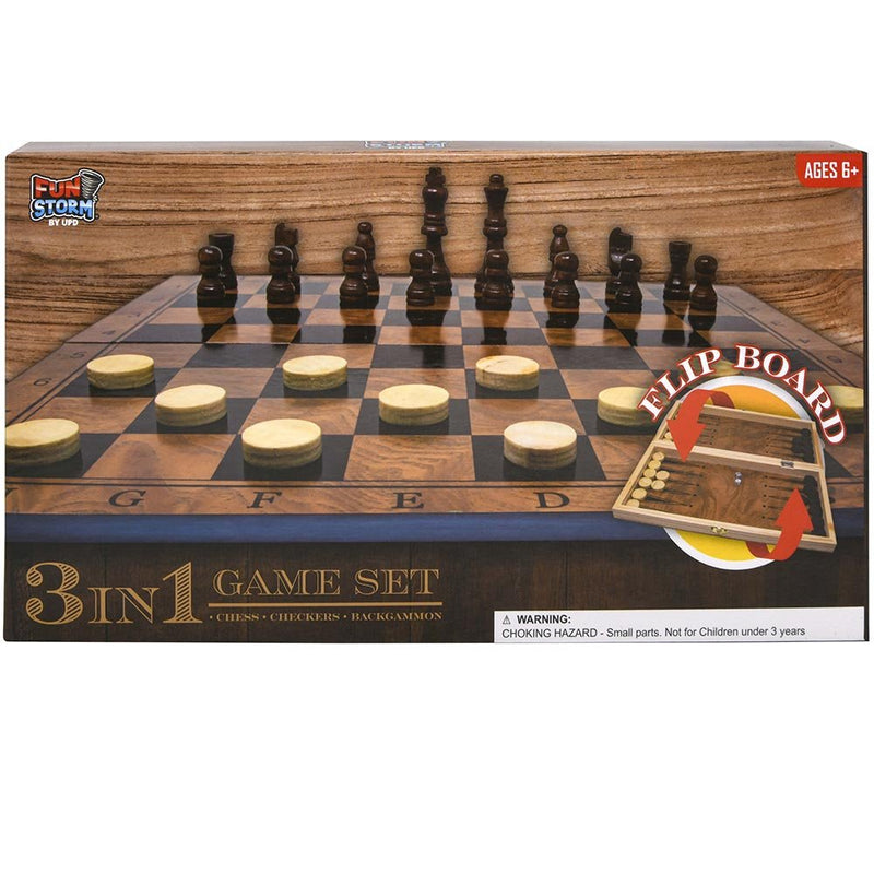 Fun Storm Chess, Checkers, Tic Tac Toe in Wooden Box
